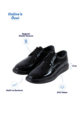  Koyu Siyah EVA Taban Rahat Konforlu Zımba Desenli Bağcıklı Rugan Smart Casual Ayakkabı