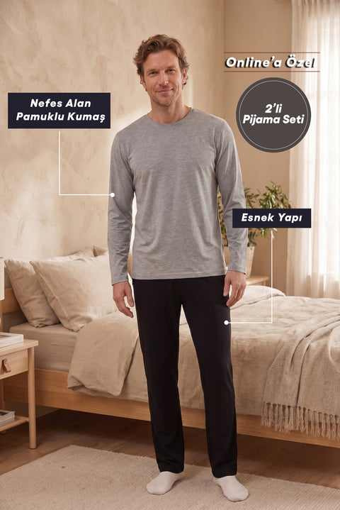 Siyah Bisiklet Yaka Uzun Kollu Beli Lastikli Cepli Jogger Pamuklu Esnek 2'li Pijama Seti