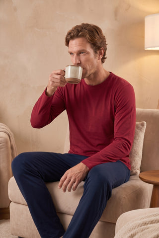  Koyu Lacivert Bisiklet Yaka Uzun Kollu Beli Lastikli Cepli Pamuklu Esnek 2'li Pijama Seti