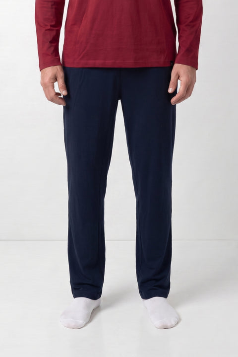 Koyu Lacivert Bisiklet Yaka Uzun Kollu Beli Lastikli Cepli Jogger Pamuklu Esnek 2'li Pijama Seti