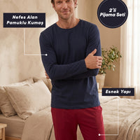 Koyu Bordo Bisiklet Yaka Uzun Kollu Beli Lastikli Cepli Jogger Pamuklu Esnek 2'li Pijama Setii