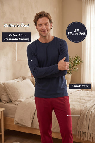  Koyu Bordo Bisiklet Yaka Uzun Kollu Beli Lastikli Cepli Pamuklu Esnek 2'li Pijama Seti