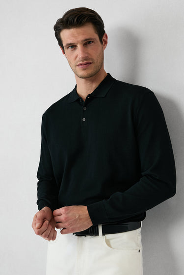  Siyah Regular Fit Polo Yaka Düz Triko Kazak