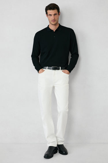  Siyah Regular Fit Polo Yaka Düz Triko Kazak