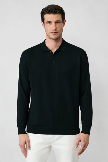  Siyah Regular Fit Polo Yaka Düz Triko Kazak