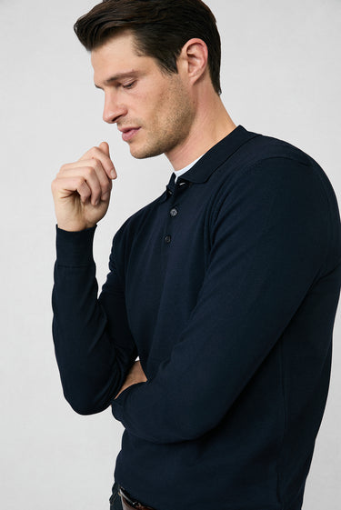  Koyu Lacivert Regular Fit Polo Yaka Düz Triko Kazak