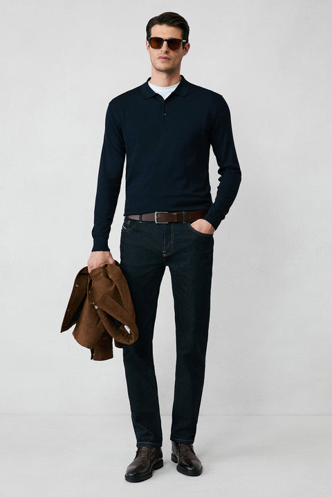Koyu Lacivert Regular Fit Düğmeli Polo Yaka Triko Kazak