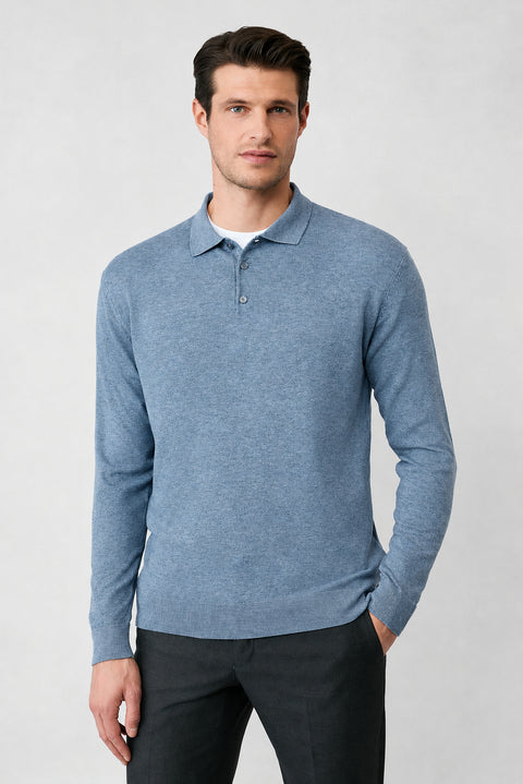 Açık Mavi Regular Fit Düğmeli Polo Yaka Triko Kazak