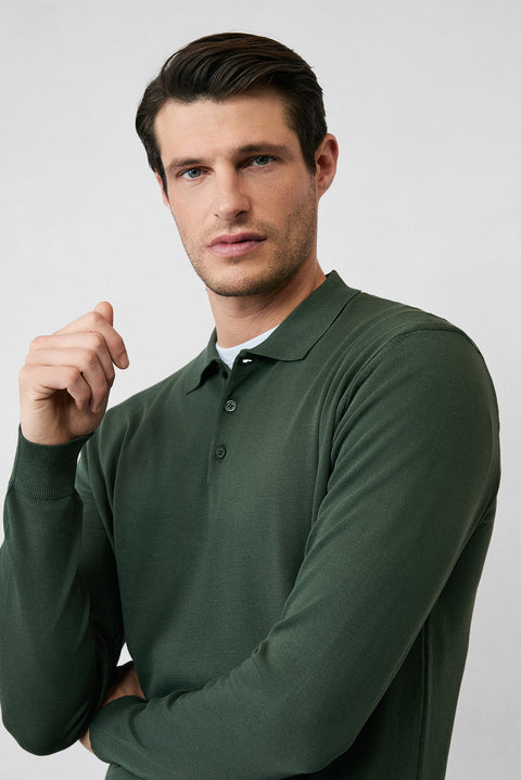 Medium Khaki Regular Fit Button-Down Polo Collar Knit Sweater