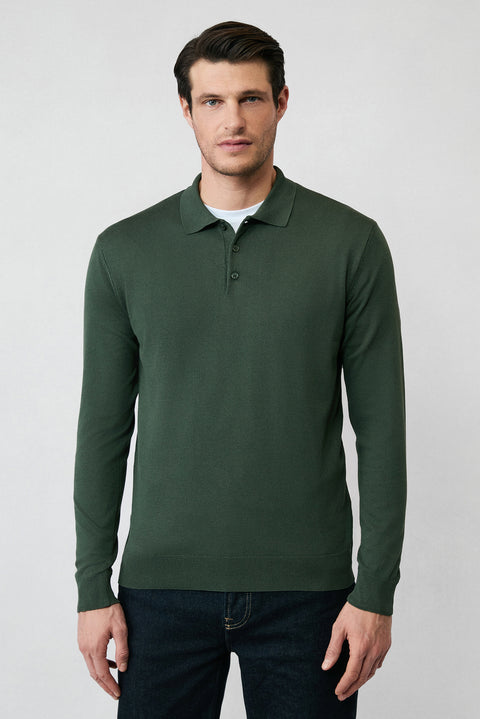 Orta Haki Regular Fit Düğmeli Polo Yaka Triko Kazak