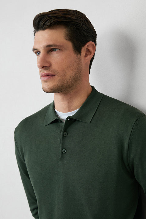 Orta Haki Regular Fit Düğmeli Polo Yaka Triko Kazak