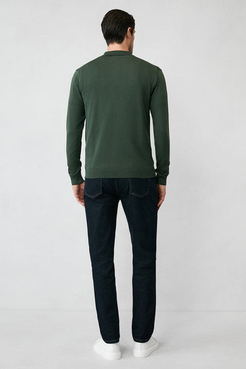 Orta Haki Regular Fit Düğmeli Polo Yaka Triko Kazak