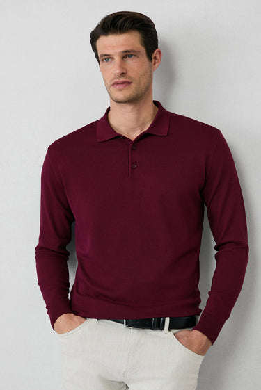  Koyu Bordo Regular Fit Polo Yaka Düz Triko Kazak