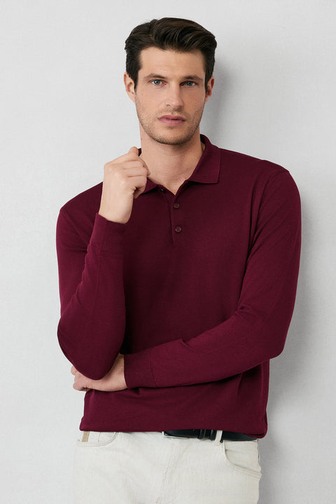 Koyu Bordo Regular Fit Düğmeli Polo Yaka Triko Kazak