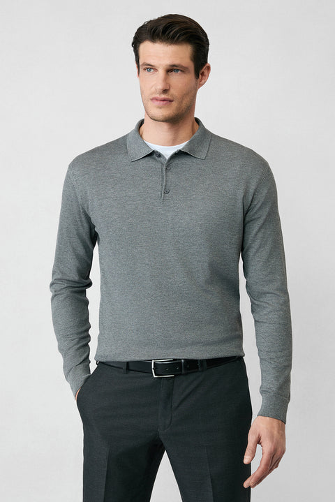 Medium Anthracite Melange Regular Fit Button-Down Polo Collar Knit Sweater