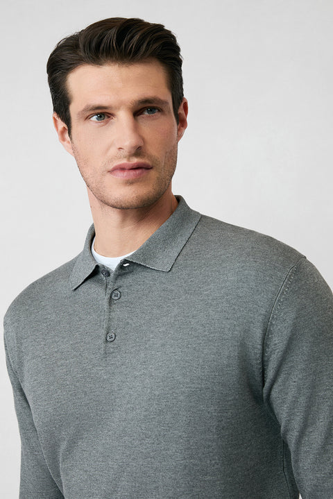Medium Anthracite Melange Regular Fit Button-Down Polo Collar Knit Sweater
