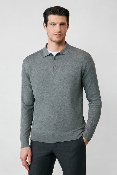 Medium Anthracite Melange Regular Fit Button-Down Polo Collar Knit Sweater
