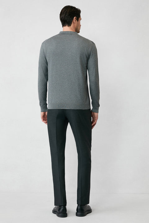 Medium Anthracite Melange Regular Fit Button-Down Polo Collar Knit Sweater