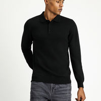 Siyah Polo Yaka Regular Fit Pamuklu Triko Kazak