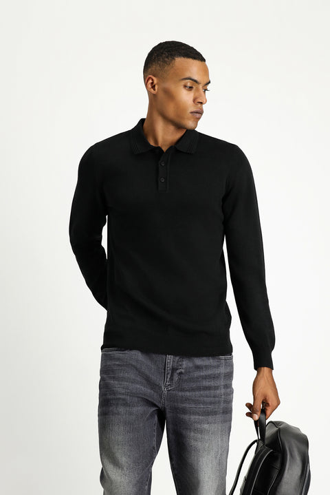 Siyah Polo Yaka Regular Fit Pamuklu Triko Kazak