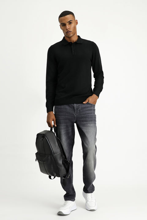 Siyah Polo Yaka Regular Fit Pamuklu Triko Kazak