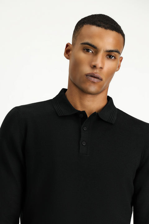Siyah Polo Yaka Regular Fit Pamuklu Triko Kazak