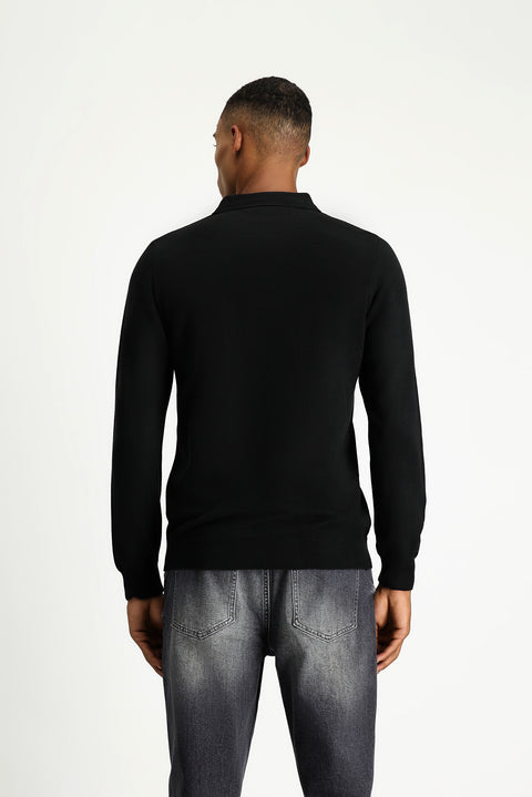 Siyah Polo Yaka Regular Fit Pamuklu Triko Kazak