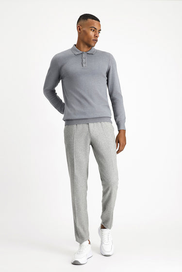 Orta Gri Melanj Polo Yaka Regular Fit Pamuklu Triko Kazak