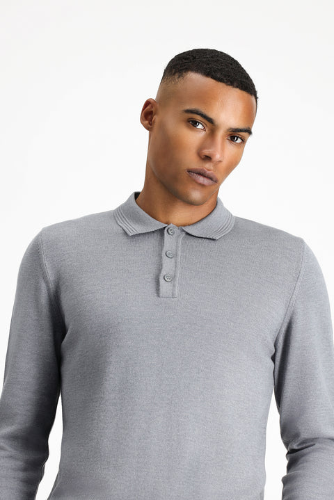 Orta Gri Melanj Polo Yaka Regular Fit Pamuklu Triko Kazak