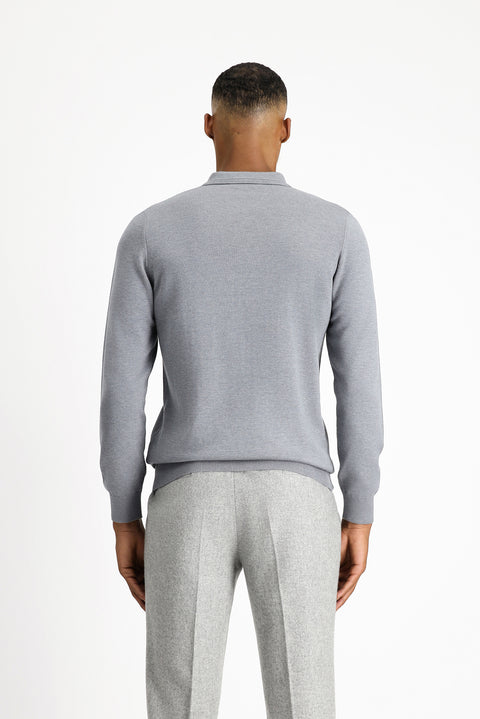 Medium Grey Melange Polo Collar Regular Fit Cotton Knit Sweater