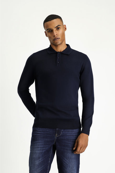 Koyu Lacivert Polo Yaka Regular Fit Pamuklu Triko Kazak