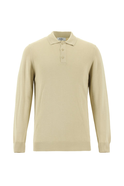 Medium Beige Polo Collar Regular Fit Cotton Knit Sweater