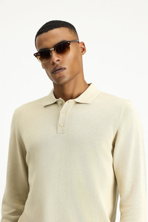 Orta Bej Polo Yaka Regular Fit Pamuklu Triko Kazak