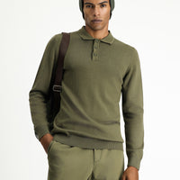 Orta Haki Polo Yaka Regular Fit Pamuklu Triko Kazak