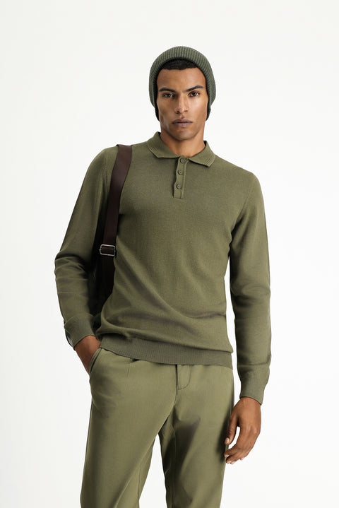 Orta Haki Polo Yaka Regular Fit Pamuklu Triko Kazak