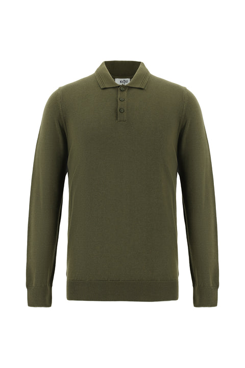 Orta Haki Polo Yaka Regular Fit Pamuklu Triko Kazak