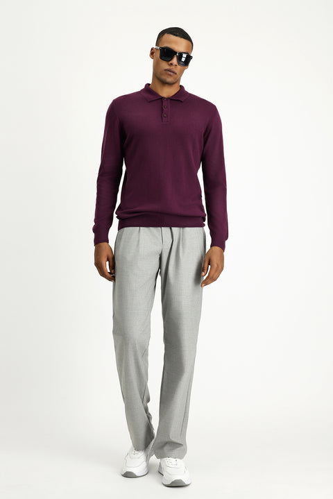 Koyu Bordo Polo Yaka Regular Fit Pamuklu Triko Kazak