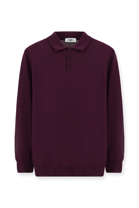 Dark Burgundy Polo Collar Regular Fit Cotton Knit Sweater