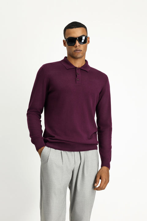 Dark Burgundy Polo Collar Regular Fit Cotton Knit Sweater