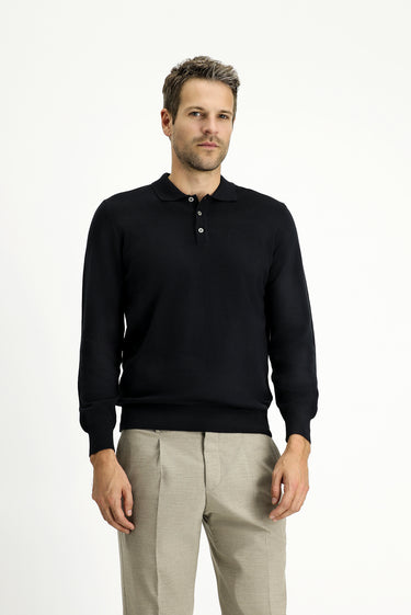  Siyah Polo Yaka Regular Fit Pamuklu Kaşmirli Triko Kazak