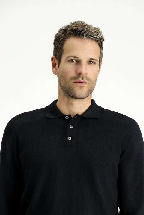 Siyah Polo Yaka Regular Fit Pamuklu Kaşmirli Triko Kazak