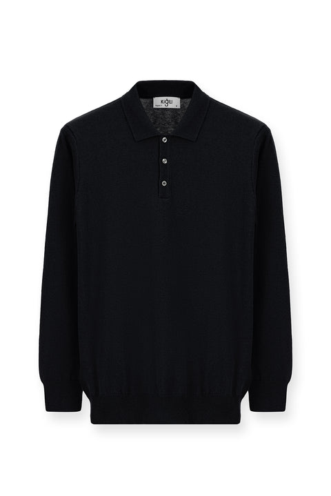 Siyah Polo Yaka Regular Fit Pamuklu Kaşmirli Triko Kazak