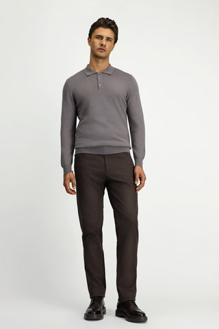  Orta Gri Melanj Polo Yaka Regular Fit Pamuklu Kaşmirli Triko Kazak