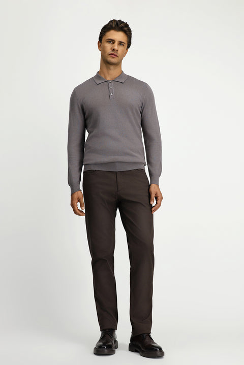 Orta Gri Melanj Polo Yaka Regular Fit Pamuklu Kaşmirli Triko Kazak
