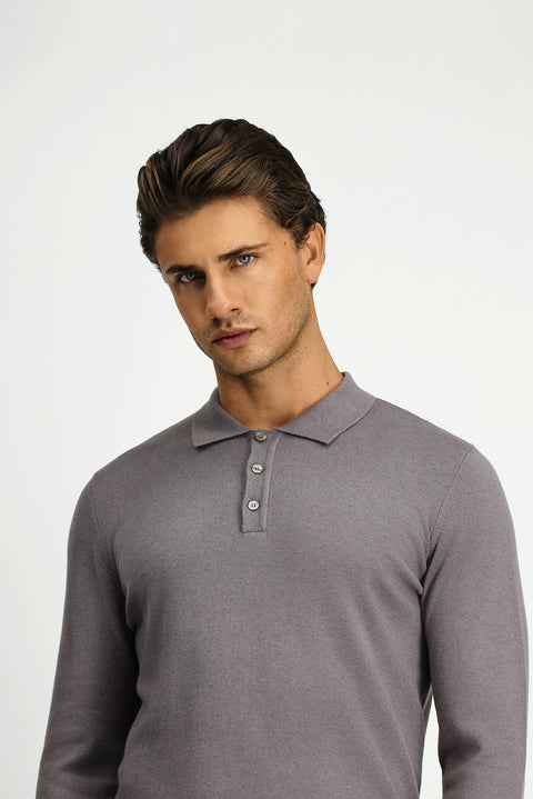 Orta Gri Melanj Polo Yaka Regular Fit Pamuklu Kaşmirli Triko Kazak