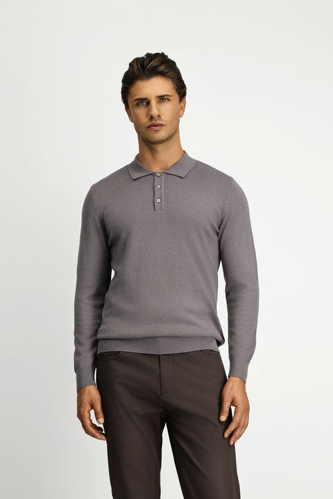 Orta Gri Melanj Polo Yaka Regular Fit Pamuklu Kaşmirli Triko Kazak