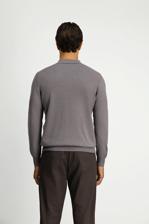 Orta Gri Melanj Polo Yaka Regular Fit Pamuklu Kaşmirli Triko Kazak