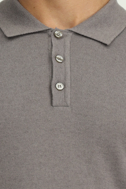 Orta Gri Melanj Polo Yaka Regular Fit Pamuklu Kaşmirli Triko Kazak
