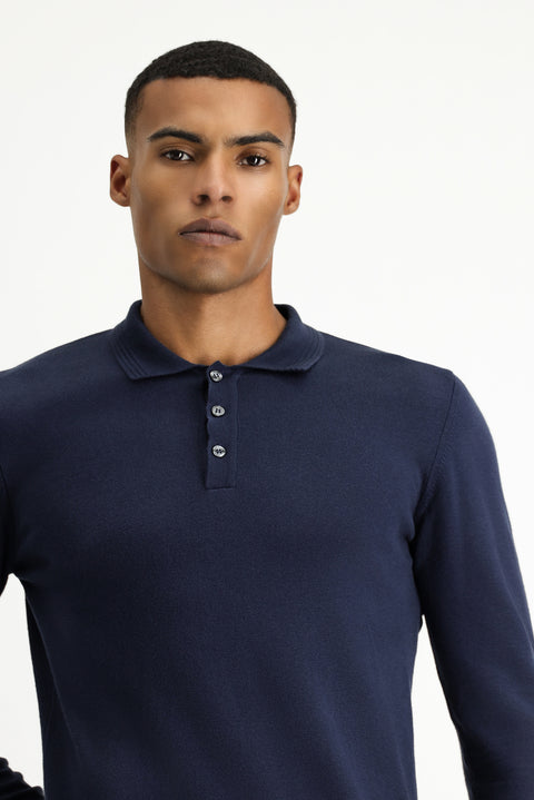 Koyu Lacivert Polo Yaka Regular Fit Pamuklu Kaşmirli Triko Kazak