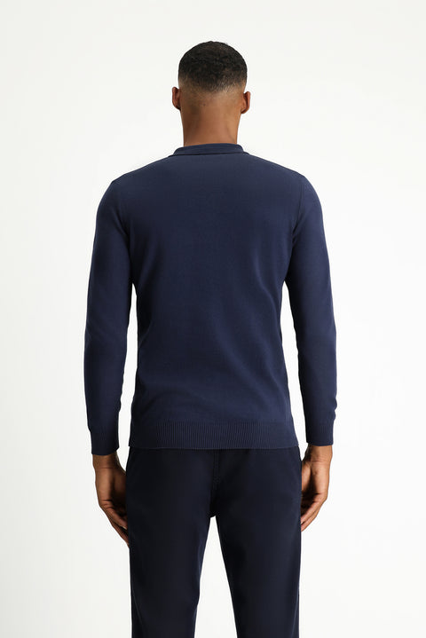 Koyu Lacivert Polo Yaka Regular Fit Pamuklu Kaşmirli Triko Kazak